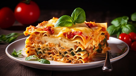 Tasty lasagna with minced meat and vegetables on a wooden tableの素材