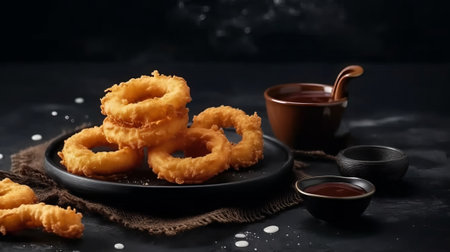 Deep fried onion rings with sauce on a dark background, horizontal photoの素材