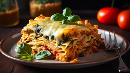 Baked lasagna with spinach and cheese on a dark background.の素材
