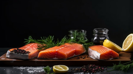 Raw salmon fillet with spices and herbs on a black background.の素材