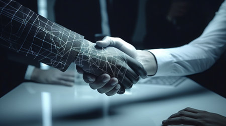 Close up of business people shaking hands with each other in dark officeの素材