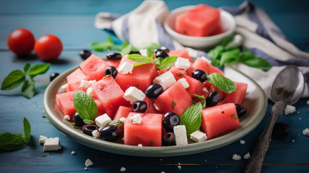 Watermelon salad with feta cheese and black olives on wooden backgroundの素材