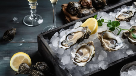 Fresh oysters on ice with lemon and wine on a wooden backgroundの素材