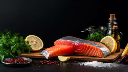 Raw salmon fillet with ingredients for cooking on a black background.の素材