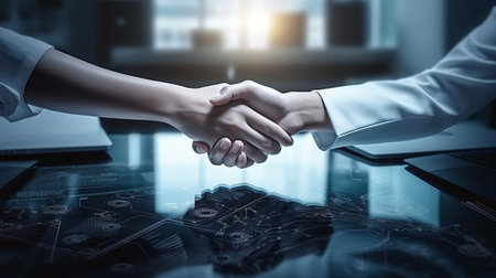 Close up of business people shaking hands while sitting at table in officeの素材