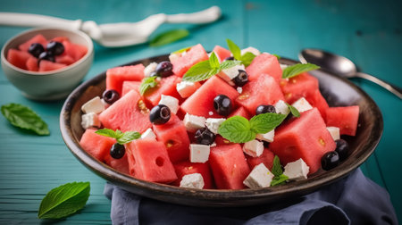 Watermelon salad with feta cheese and berries on turquoise backgroundの素材