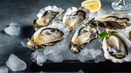 Fresh oysters on ice with lemon and ice cubes on dark backgroundの素材