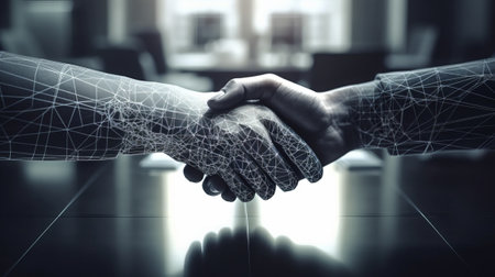 Handshake between two businesspeople on office background 3D rendering toned image double exposureの素材