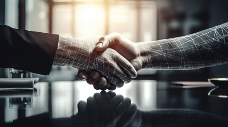 Close up of two businesspeople shaking hands in office. Mixed mediaの素材