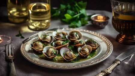 Escargots de Bourgogne, French dish made of clamsの素材