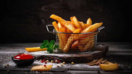 Golden French fries potatoes with ketchup and parsley on wooden backgroundの素材