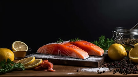 Raw salmon fillet with lemon, herbs and spices on a black backgroundの素材