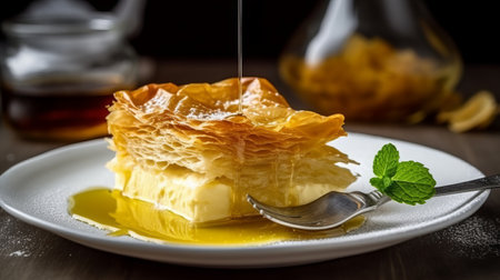 Pouring honey on a puff pastry with a sprig of mintの素材