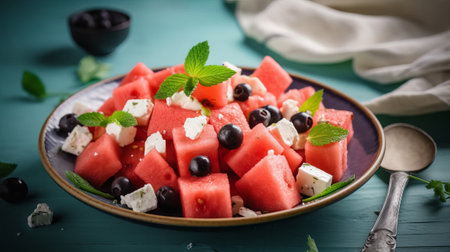 Watermelon salad with feta cheese, blueberries and black olivesの素材