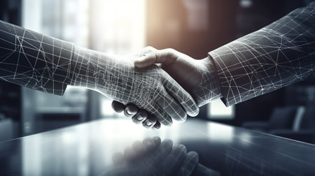 Close up of business people shaking hands against office background 3D renderingの素材