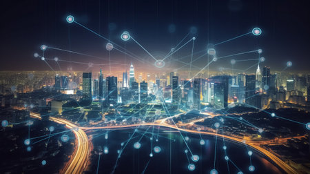 Conceptual background image with social connection lines over modern cityscapeの素材