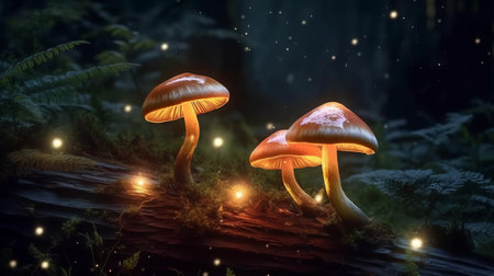 Mushrooms in the forest at night. 3d illustration.の素材