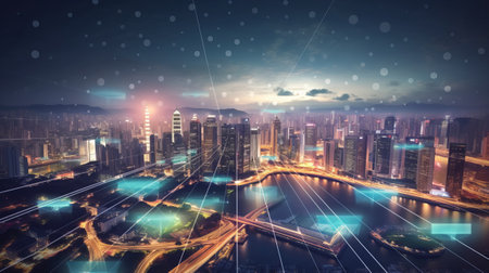 Double exposure of modern city and network connection concept. 3D Renderingの素材
