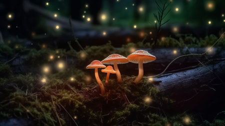 Mushrooms in the forest with bokeh lights, nature backgroundの素材