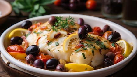 Fish dish - baked cod fillet with olives, tomatoes and lemonの素材