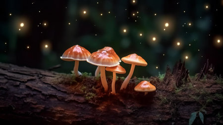 Mushrooms growing on a tree trunk in the forest at nightの素材