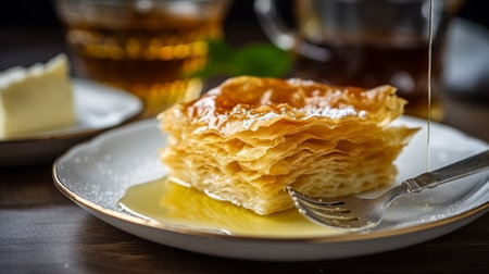 Piece of puff pastry with honey and butter on a wooden tableの素材