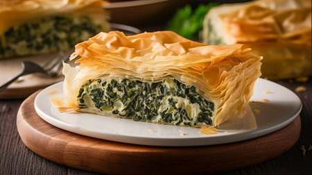 Puff pastry with spinach and ricotta on a white plate.の素材