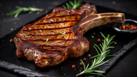 Grilled beef steak with rosemary and spices on a black background.の素材