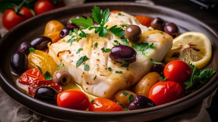 Baked cod fillet with olives, tomatoes and parsleyの素材
