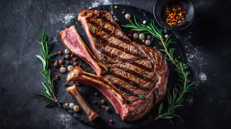 Grilled T-bone steak with spices and herbs on dark backgroundの素材
