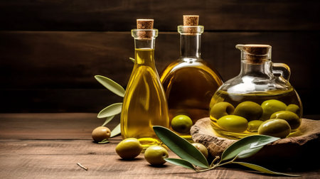 Olive oil and olives on a wooden background. Selective focus.の素材