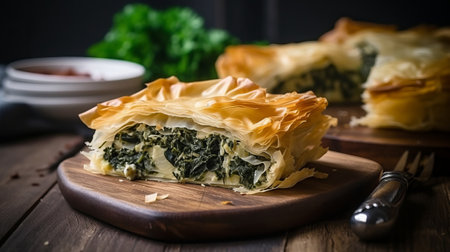 Puff pastry with spinach and cheese on a wooden board, selective focusの素材