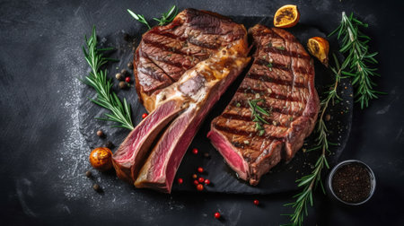 Grilled beef steak with rosemary and spices on black stone backgroundの素材