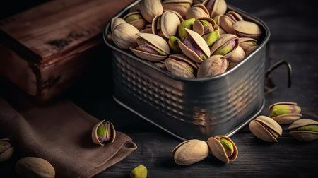 Pistachios nuts in a metal bowl on a wooden tableの素材