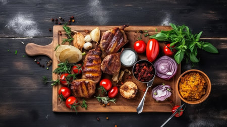 Grilled pork ribs with vegetables on a wooden board, top viewの素材