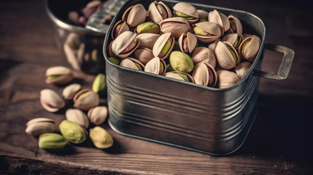 Pistachios in a tin can on a wooden table.の素材