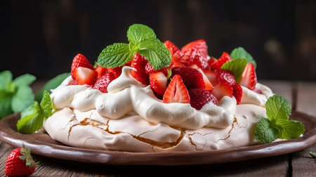 Meringue Pavlova with fresh strawberries and mint on wooden backgroundの素材