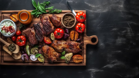 Grilled meat with vegetables and sauce on black background, top viewの素材