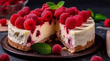 Raspberry cheesecake with fresh raspberries on a dark background.の素材