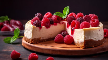 Cheesecake with raspberries and mint on a wooden boardの素材