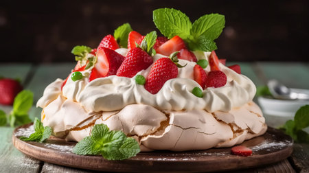 Meringue Pavlova with fresh strawberries and mint on wooden backgroundの素材