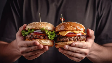 Closeup of two hamburgers in male hands on black backgroundの素材