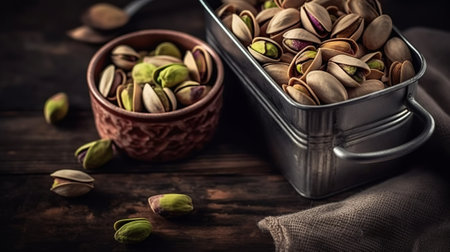 Pistachios in a bowl on a wooden table. Pistachio nuts in a bowl on a wooden background.の素材