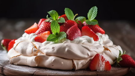 Meringue Pavlova cake with fresh strawberries, selective focusの素材
