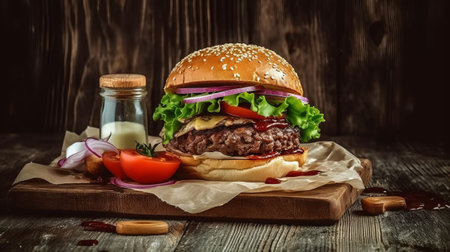 Big hamburger with fresh vegetables on wooden background. Toned.の素材