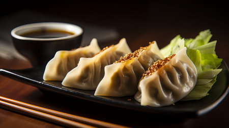 Chinese steamed dumplings on a black plate with soy sauceの素材