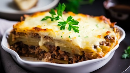 Baked lasagna with minced meat, cheese and fresh parsleyの素材