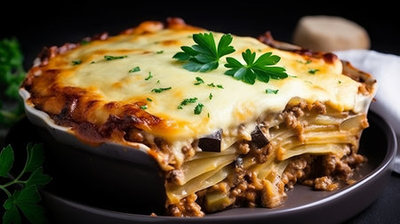 Traditional lasagna with minced meat, mushrooms and cheese on a black backgroundの素材