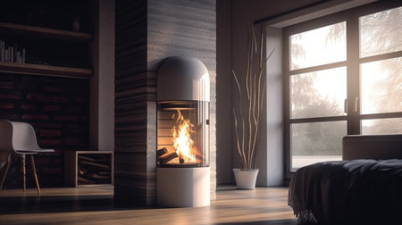 Modern living room with fireplace. 3D rendering. Toned imageの素材