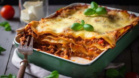 Baked lasagna with minced meat, tomato sauce and parmesan cheeseの素材